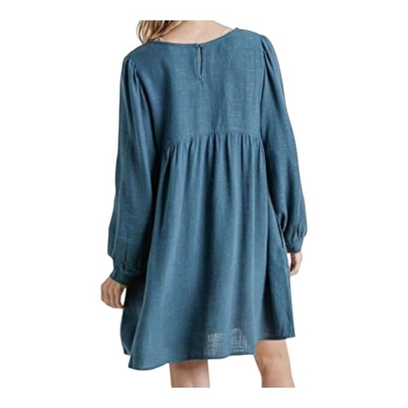 UMGEE Linen Blend Oversized Flowy Babydoll Pocket Dress Keyhole Peacock Blue L - Picture 2 of 15